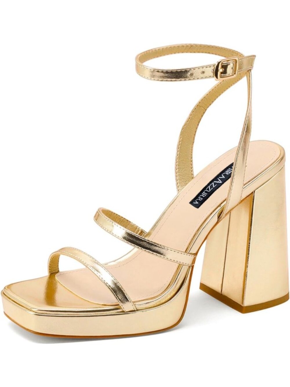 Women's Gold Faux Leather Chunky Block Heel Square Open Toe Two Strap Heels